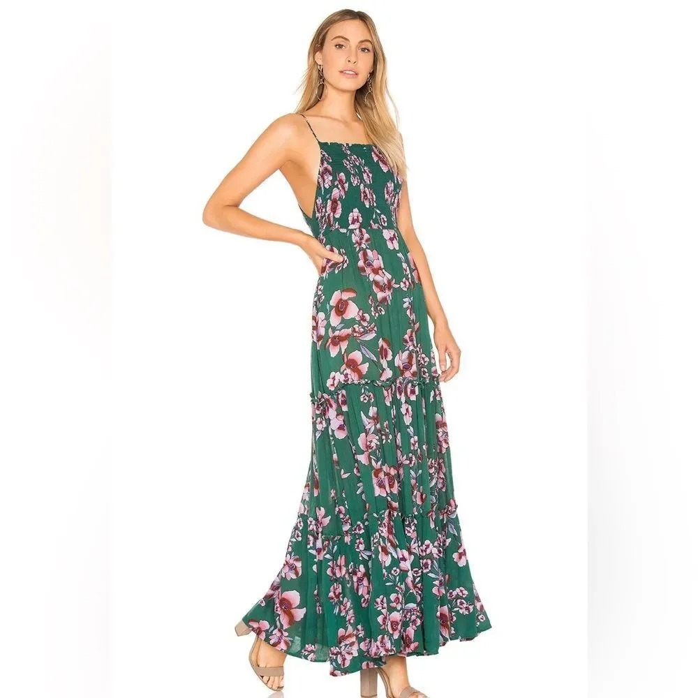 Free People Green Floral Maxi Dress with Pink Flowers - Picture 2 of 10